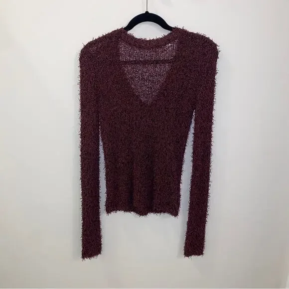 BCBGeneration feathered eyelash loose knit Y2K sweater burgundy purple XS - Picture 6 of 6